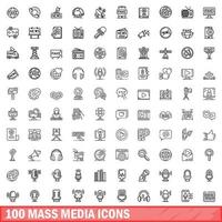 Conjunto de 100 ícones de mídia de massa, estilo de estrutura de tópicos vetor