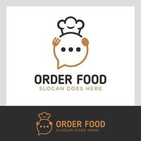 logotipo de pedido de comida on-line com vetor de ícone de bate-papo de bolha e design de conceito de chef de chapéu para modelo de logotipo de catering