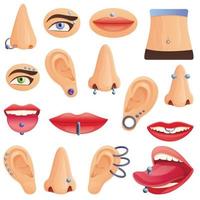 conjunto de ícones de piercing, estilo cartoon vetor