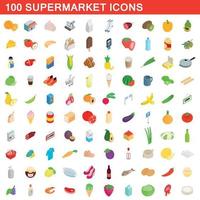 conjunto de 100 ícones de supermercado, estilo 3d isométrico vetor