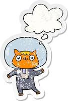 gato espacial de desenho animado e bolha de pensamento como um adesivo desgastado vetor