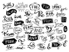 doodle e comercial, palavras de ordem, caligrafia, fita. conjunto de elementos de design desenhados à mão. palavras, com, de, por, para, para, e vetor