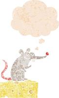 rato de desenho animado sentado no queijo e balão de pensamento em estilo retrô-texturizado vetor