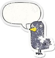 adesivo angustiado de pássaro de desenho animado e bolha de fala vetor
