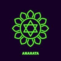 chakra verde luminoso anahata. símbolo neon do senhor da fala clarividente e imortal com 12 pétalas. radiante banalingam hriday com sentidos sob controle vetorial vetor