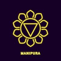 chakra manipura de néon dourado. símbolo amarelo luminoso de conhecimento da estrutura do corpo e poder sobre os desejos. remédios nabhishthana para doenças e felicidade vetorial permanente vetor