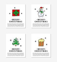 cartões com texto e ícones de natal e ano novo doodle colorido bonito, incluindo boneco de neve, abeto, presente, panetone isolado em fundo cinza. vetor