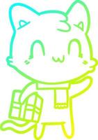 desenho de linha de gradiente frio desenho animado gato feliz usando cachecol vetor