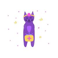 personagem de gato médico violeta doodle bonito com kit de primeiros socorros isolado no fundo branco. vetor