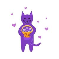 gato violeta doodle bonito com um busket de flores rosas e corações ao redor isolado no fundo branco. pode ser usado para estampas infantis, cartões, cartazes, artes de clínicas veterinárias. vetor