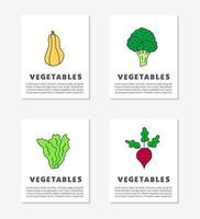 cartões com texto e ícones vegetais de comida colorida doodle bonito, incluindo brócolis, butternut, alface e beterraba. vetor