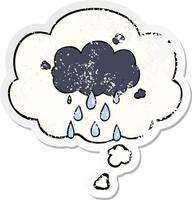 nuvem de desenho animado chovendo e bolha de pensamento como um adesivo desgastado vetor