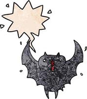 desenho animado morcego-vampiro feliz e bolha de fala no estilo de textura retrô vetor