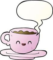 xícara de café quente de desenho animado e bolha de fala no estilo de gradiente suave vetor