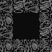 padrão de carne sem costura com lugar para texto. fundo de carne preto e branco. ilustração vetorial doodle com ícones de produtos de carne vetor