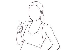 mulher desportiva, mostrando os polegares. ilustração vetorial de estilo desenhado à mão vetor