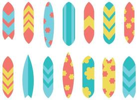 ilustração de diferentes padrões e cores de prancha de surf isolada. ilustração de prancha de surf vetor