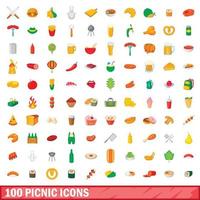 conjunto de 100 ícones de piquenique, estilo cartoon vetor