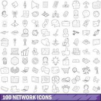 conjunto de 100 ícones de rede, estilo de estrutura de tópicos vetor