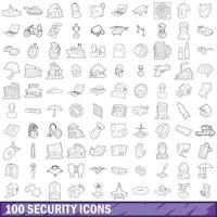 100 ícones de segurança definidos, estilo de estrutura de tópicos vetor