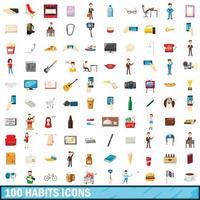 conjunto de ícones de 100 hábitos, estilo cartoon vetor