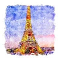 torre eiffel paris frança esboço em aquarela ilustração desenhada à mão vetor