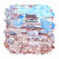 castelo japão esboço em aquarela ilustração desenhada à mão vetor