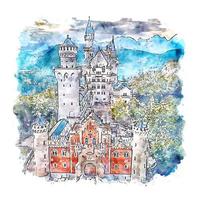 castelo de neuschwastein alemanha esboço em aquarela ilustração desenhada à mão vetor