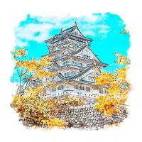castelo de osaka japão desenho em aquarela ilustração desenhada à mão vetor