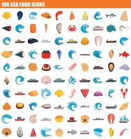 100 conjunto de ícones de frutos do mar, estilo simples vetor