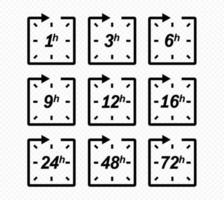 seta do relógio 1, 3, 6, 9, 12, 16, 24, 48, 72 horas. conjunto de ícones de tempo de serviço de entrega. eps 10.