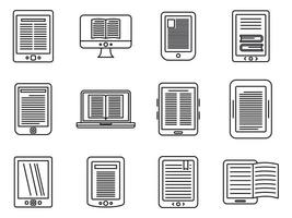 conjunto de ícones de leitor de ebook, estilo de estrutura de tópicos vetor