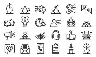 conjunto de ícones de crm, estilo de estrutura de tópicos vetor