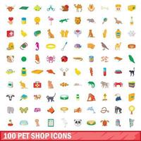 Conjunto de 100 ícones de pet shop, estilo cartoon vetor