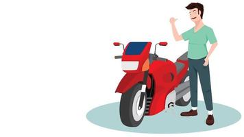 homem dirigindo uma motocicleta fica com as mãos para cima brilhantemente. motocicleta esportiva vermelha estacionada ao lado dele. em fundo branco isolado para transporte presente. vetor