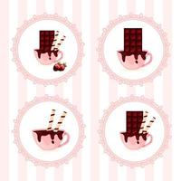 conjunto de rótulos de crachá para cafés confeitaria artesanato chocolate com xícara de chocolate quente e tubos de wafer e morangos vetor