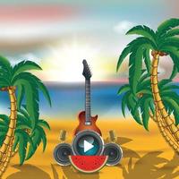 festa de verão no oceano, praia tropical, guitarra, microfone, ilustração vetorial de árvore vetor