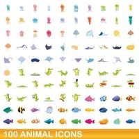 conjunto de 100 ícones de animais, estilo cartoon vetor