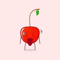 personagem de desenho animado de cereja bonito com expressão chocada e boca aberta. verde e vermelho. adequado para emoticon, logotipo, mascote ou adesivo vetor