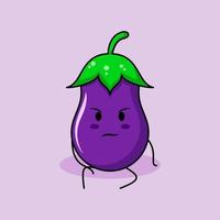 personagem de berinjela fofa com expressão de intimidação e sente-se. verde e roxo. adequado para emoticon, logotipo, mascote vetor