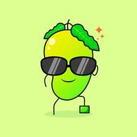 personagem de manga fofa com expressão de sorriso, óculos pretos, uma perna levantada e uma mão segurando os óculos. verde e laranja. adequado para emoticon, logotipo, mascote ou adesivo vetor