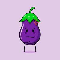 personagem de berinjela fofa com expressão de raiva. verde e roxo. adequado para emoticon, logotipo, mascote. uma mão no queixo vetor