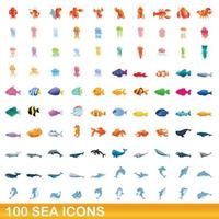 conjunto de 100 ícones do mar, estilo cartoon vetor