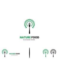 garfo com design de logotipo de folhas, logotipo de alimentos orgânicos, design de logotipo vegetal plano vetor