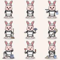 ilustração em vetor de coelho fofo com uniforme de empregada. design de personagens animais. coelho com equipamento de limpeza. conjunto de personagens de coelho fofo.