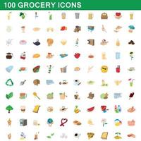 conjunto de 100 ícones de mercearia, estilo cartoon vetor
