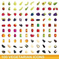 conjunto de 100 ícones vegetarianos, estilo cartoon vetor