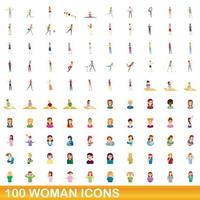conjunto de 100 ícones de mulher, estilo cartoon vetor