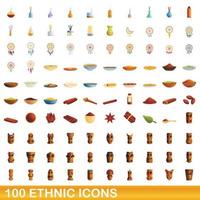 conjunto de 100 ícones étnicos, estilo cartoon vetor