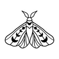 mariposa noturna com lua crescente, isolada no fundo branco. mão desenhada vetor de mariposa doodle celestial.